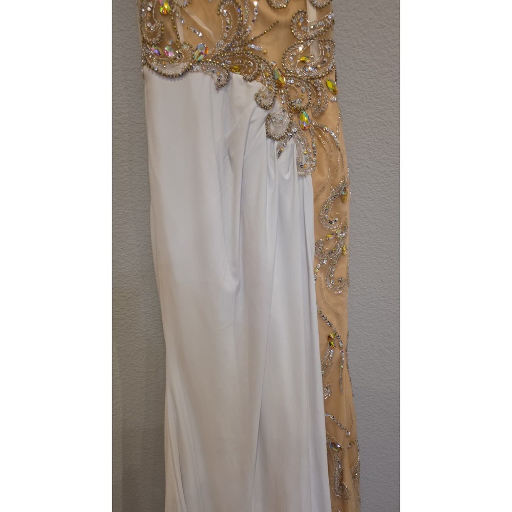 JVN by Jovani White and Gold Beaded Illusion-Back Evening Gown - Picture 11 of 16